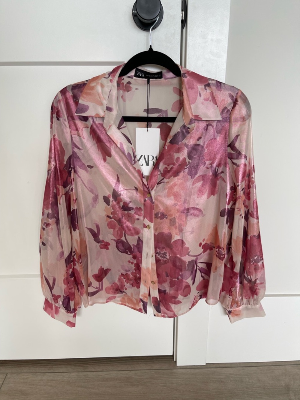 Zara Pink Mauve Floral Sheer Button-Front Blouse